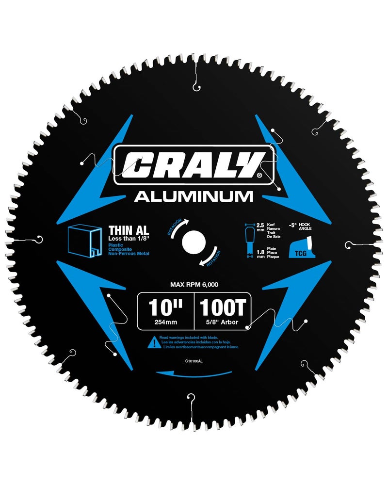 CRALY 10 Inch 100 Teeth Aluminum and Non-Ferrous Metal Cutting Circular Saw Blade, 5/8 Inch Arbor, Carbide Tipped, Thin Kerf, Black Ice™ Coating, for Thin Aluminum, Plastic, Composite(C10100AL) - Image 1
